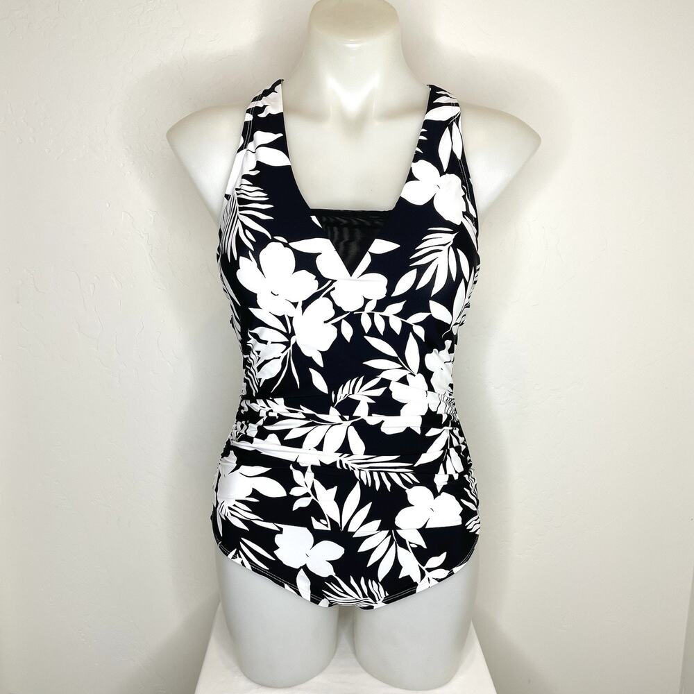 Lands’ End Tummy Control Ruched One Piece Swimsuit Womens Medium Black Floral